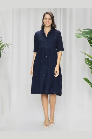 MomToBe Women Navy Blue Maternity Nursing Shirt Midi Dress