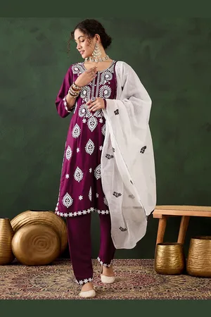 MANVAA Floral Embroidered Straight Kurta With Trouser & Dupatta