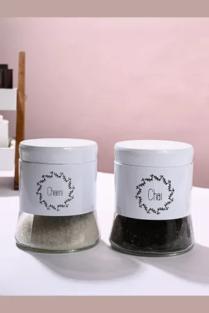 MARKET99 White & Black 2 Pieces Printed Tea & Sugar Jar Glass 600ml