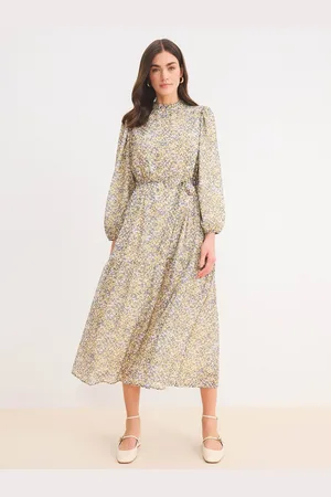 DeFacto Women Floral Print Puff Sleeve Fit & Flare Midi Dress