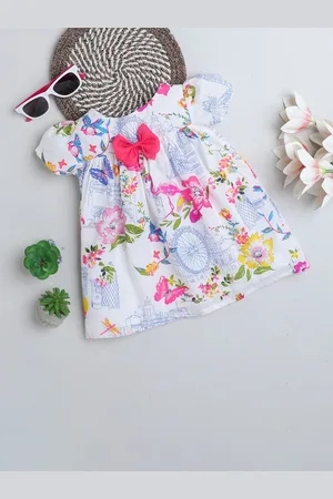 MANY FROCKS & Floral Girls White Printed Flutter Sleeve Fit & Flare Dress