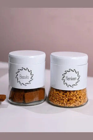MARKET99 White & Black 2 Pieces Printed Glass Biscuit & Namkeen Jar 600ml