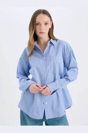 DeFacto Women Relaxed Fit Spread Collar Vertical Striped Cotton Casual Shirt