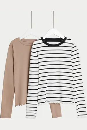 Marks & Spencer Girls Pack Of 2 Striped Monochrome Raw Edge Cotton Tops
