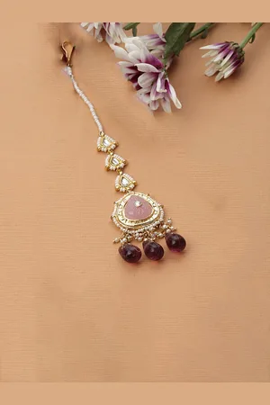 DUGRISTYLE Gold-Plated Kundan Studded & Pearls Beaded Maang Tikka