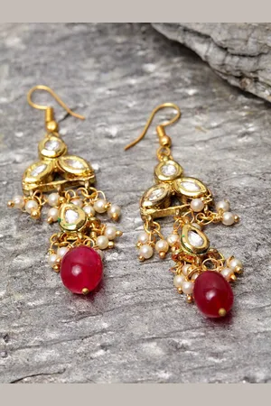 DUGRISTYLE Gold-Plated Artificial Stones Studded & Beaded Drop Earrings