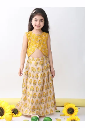 Sangria Girls Floral Printed Cotton Top With Lehenga