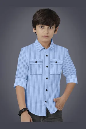 BAESD Boys Modern Fit Spread Collar Vertical Striped Cotton Casual Shirt