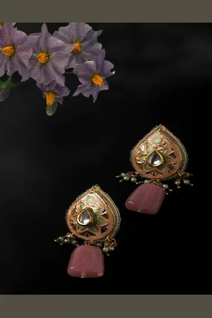 DUGRISTYLE Gold-Plated Artificial Stones Studded & Beaded Contemporary Drop Earrings
