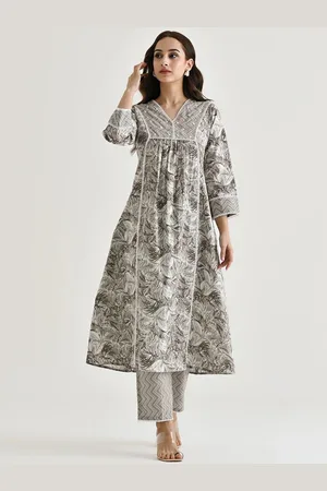 Moda Rapido Grey & White Floral Printed Beads and Stones Anarkali Kurta with Trouser