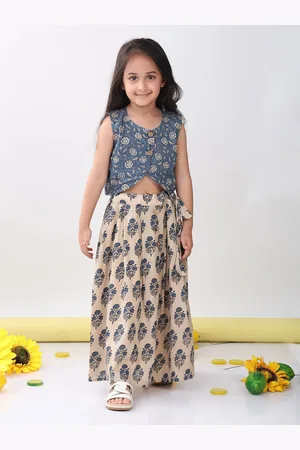 Sangria Girls Floral Printed Cotton Top With Lehenga