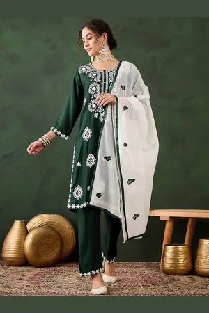 MANVAA Floral Embroidered Thread Work Round Neck Kurta with Trousers & Dupatta