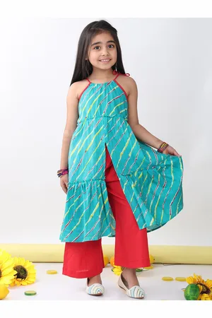 Sangria Girls Leheriya Printed Pure Cotton Tiered A-Line Kurta With Palazzos