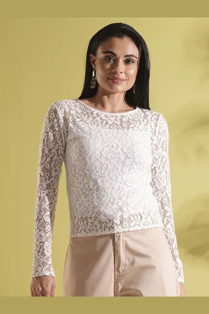 Globus Women White Round Neck Self Design Floral Lace Long Sleeve Party Top