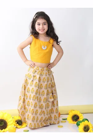 Sangria Girls Handing Detail Top With Floral Printed Lehenga