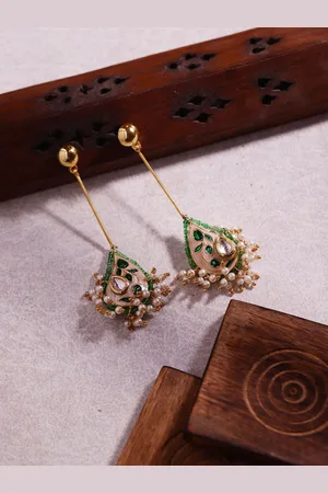 DUGRISTYLE Sharaabi Gold-Plated Kundan Studded & Beaded Contemporary Shaped Drop Earrings