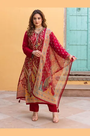 AUTUMN LANE Women Samiksha Scarlet Printed Muslin Kurta Sets