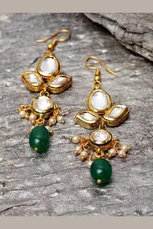 DUGRISTYLE Gold-Plated Kundan Studded & Beaded Contemporary Shaped Drop Earrings