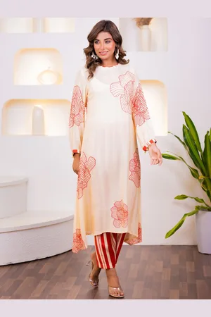 AUTUMN LANE Floral Printed Asymmetric A-Line Kurta With Trouser