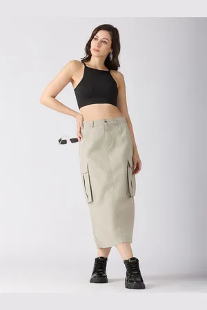 Globus Women Clay Stretchable Solid Mid-Rise Straight Fit Midi Cargo Skirt