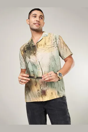 PEOPLE Men Cuban Collar Abstract Printed Casual Shirt