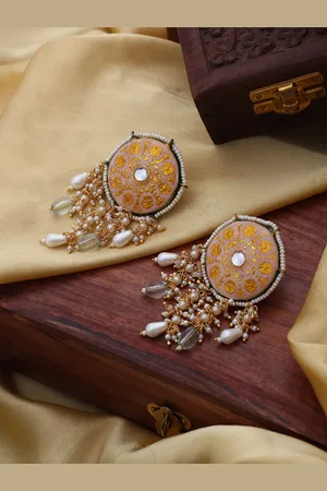 DUGRISTYLE Peony Gold-Plated Kundan Studded & Beaded Contemporary Shaped Drop Earrings