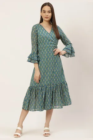 Chemistry Nautical Print Bell Sleeve Georgette Midi Wrap Dress