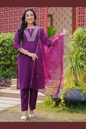 Celebravo Embroidered Sequinned V-Neck Straight Kurta With Trousers And Dupatta