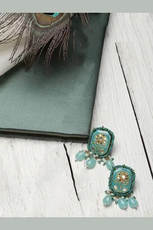 DUGRISTYLE Gold-Plated Artificial Stones Studded & Beaded Drop Earrings