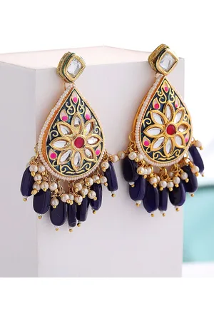 DUGRISTYLE Azure Gold-Plated Stones Studded & Beaded Contemporary Shaped Drop Earrings