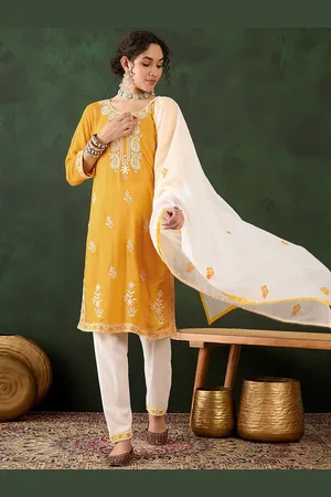 MANVAA Floral Embroidered Thread Work Round Neck Kurta with Trousers & Dupatta