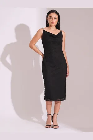 Globus Women Black Cowl Neck Metal Shoulder Straps Side Slits Lace Bodycon Midi Dress