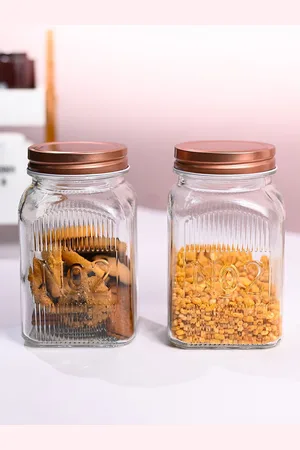 MARKET99 Transparent & Copper Toned 2 Pieces Glass Jar 1.1L