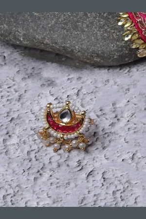 DUGRISTYLE Gold-Plated Kundan Studded & Pearls Beaded Adjustable Finger Ring