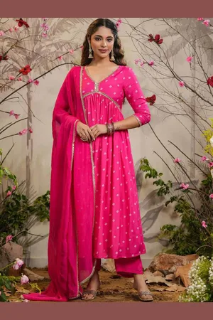Lilots Bandhani Printed V-Neck Anarkali Kurta With Trousers And Dupatta