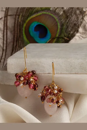 DUGRISTYLE Gold-Plated Artificial Stones Studded & Beaded Drop Earrings