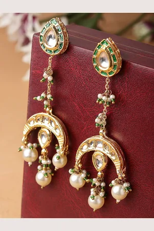 DUGRISTYLE Saaz Gold-Plated Stones Studded & Beaded Contemporary Shaped Drop Earrings