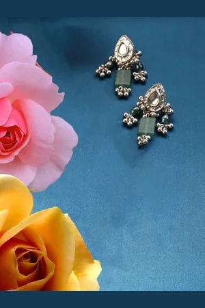 DUGRISTYLE Lagoon Silver-Plated Kundan Studded & Beaded Contemporary Drop Earrings
