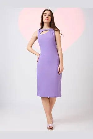 Globus Women Lavender Cut Out Detail Boat Neck Solid Back Slit Midi Sheath Party Dress