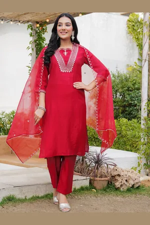 Celebravo Embroidered Sequinned V-Neck Straight Kurta With Trousers And Dupatta