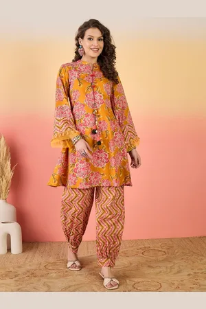 Sangria Floral Printed Mandarin Collar Pure Cotton Tunic With Trousers