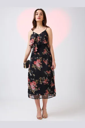 Globus Women V-Neck Strappy Shoulder Floral Print Ruffles Detail Midi A-Line Party Dress