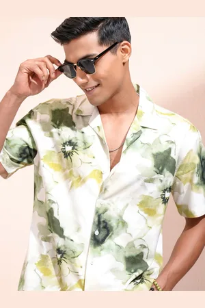 LocoMotive Men Cuban Collar Floral Printed Cotton Relaxed Fit Casual Shirt