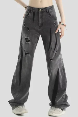 HERE&NOW Women Relaxed Fit Low Distress Light Fade Jeans