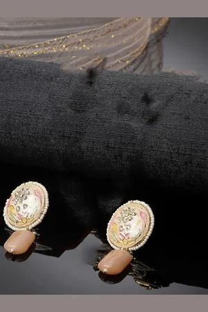 DUGRISTYLE Tawny Gold-Plated Kundan Studded & Beaded Contemporary Shaped Drop Earrings