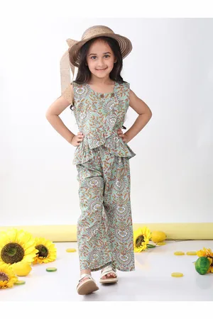 Sangria Girls Printed Round Neck Pure Cotton Top & Palazzo
