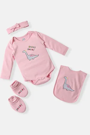 Nauti Nati Girls Cotton Dinosaur Print Gift Set With Bib Booties & Headband