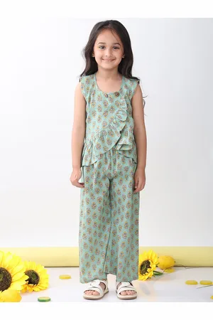 Sangria Girls Printed Round Neck Pure Cotton Top With Palazzo