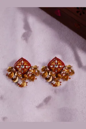 DUGRISTYLE Gold-Plated Kundan Studded Contemporary Shaped Drop Earring