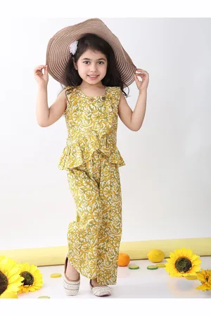 Sangria Girls Printed Round Neck Pure Cotton Top With Palazzo